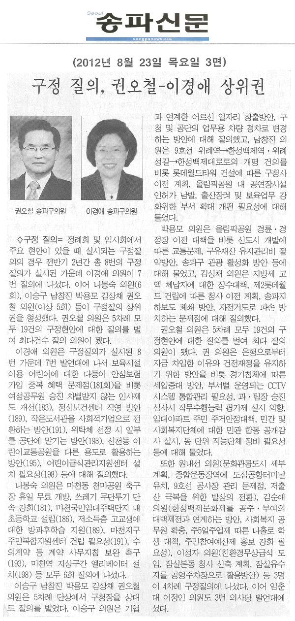 구정 질의, 권오철-이경애 상위권 [송파신문] - 1