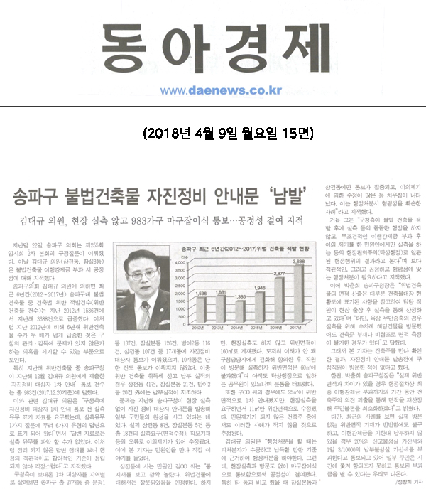 김대규 의원 구정질문, 송파구청 불법건축물 자진정비 안내문 ‘남발’=김대규 의원, 현장 실측 않고 983가구 마구잡이식 통보…공정성 결여 지적[동아경제 신문] - 1